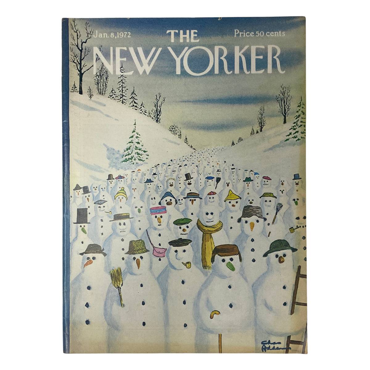 Cover of The New Yorker Full Magazine January 8, 1972 featuring a whimsical illustration of snowmen, designed by Charles Addams, showcasing a winter theme.