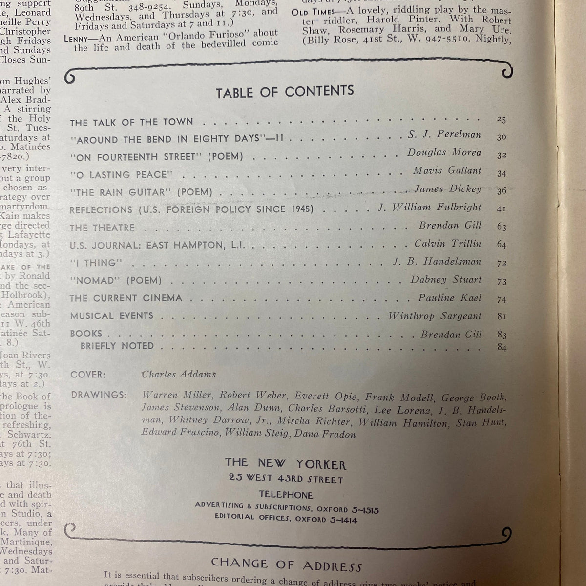 Table of Contents from The New Yorker Full Magazine January 8, 1972, detailing featured articles and contributors such as S. J. Perelman and Pauline Kael.