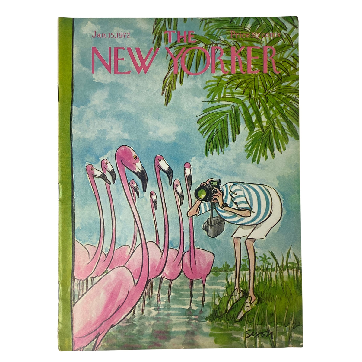 The New Yorker Full Magazine January 15, 1972 featuring a Charles Saxon cover illustration with pink flamingos and a photographer.