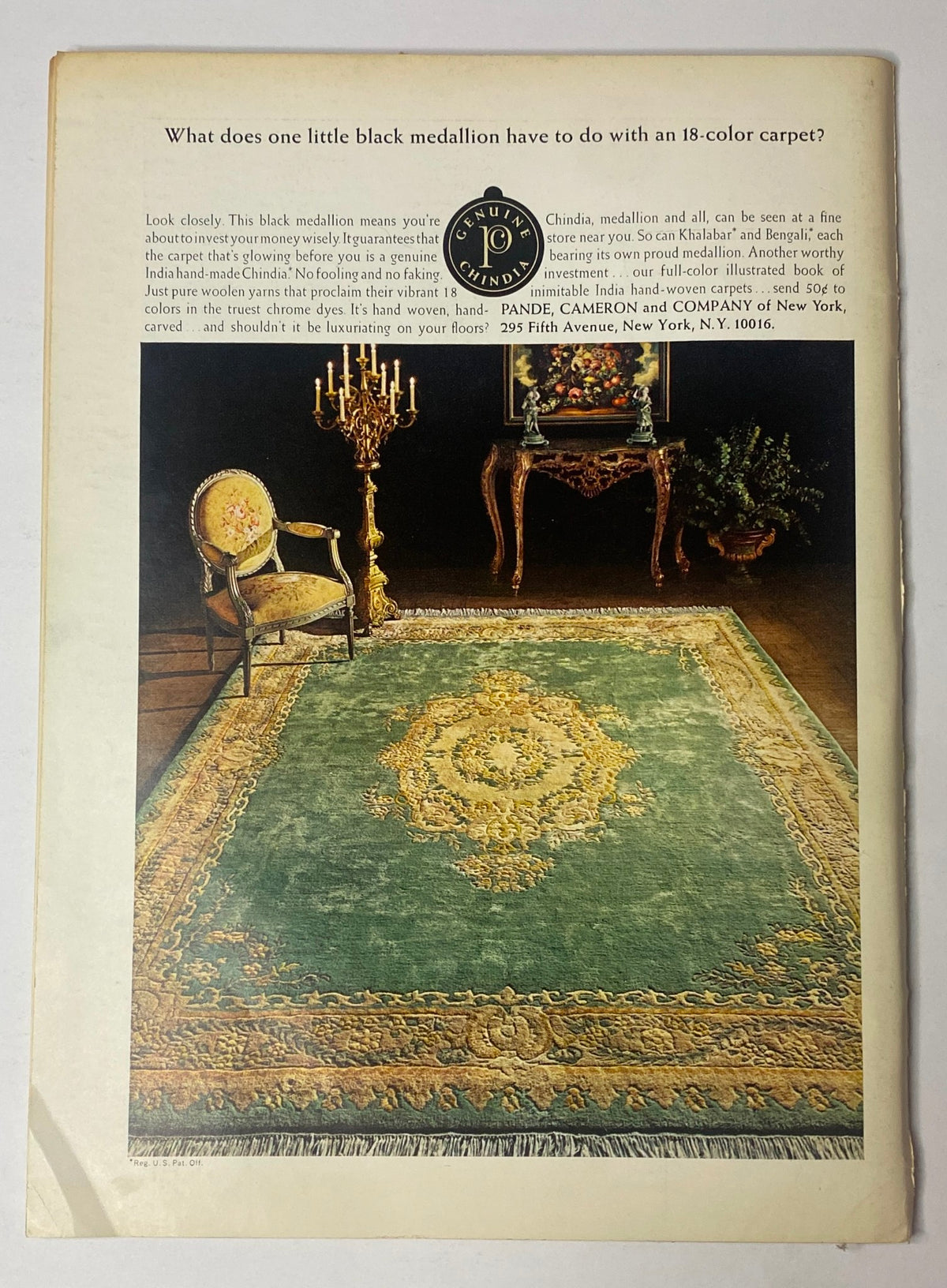 Back cover of The New Yorker Full Magazine January 15, 1972 featuring an advertisement with an elegant room setting including a green rug and ornate furnishings.