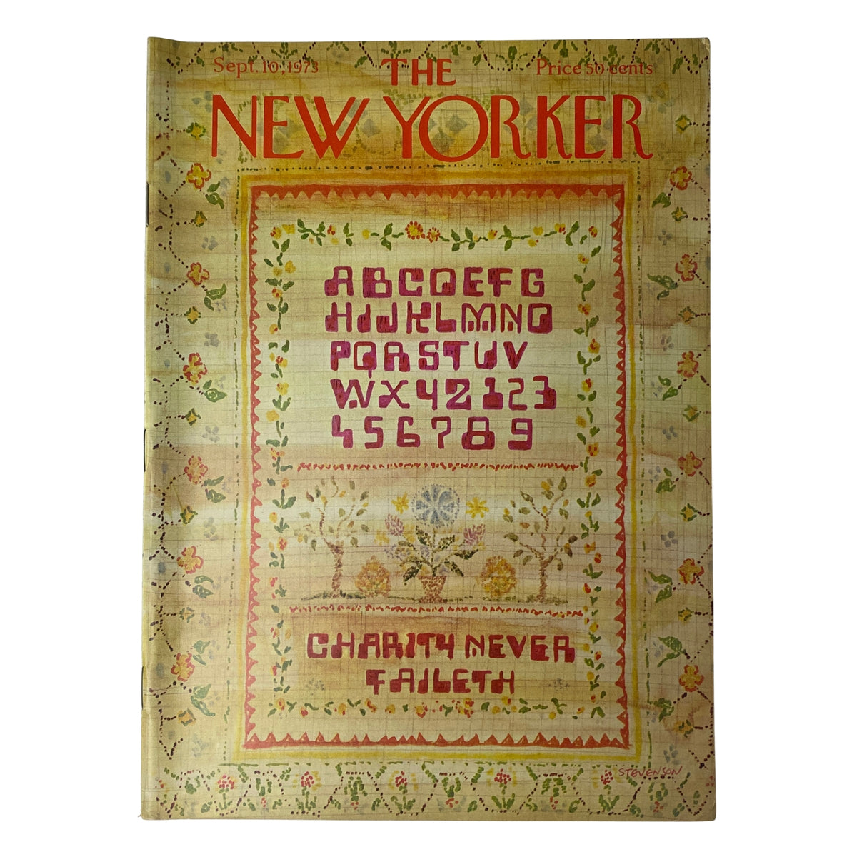 The New Yorker Full Magazine September 10, 1973, featuring a colorful cover illustration with the title prominently displayed and a playful design. The cover showcases letters and numbers with the phrase 'Charity Never Faileth'.