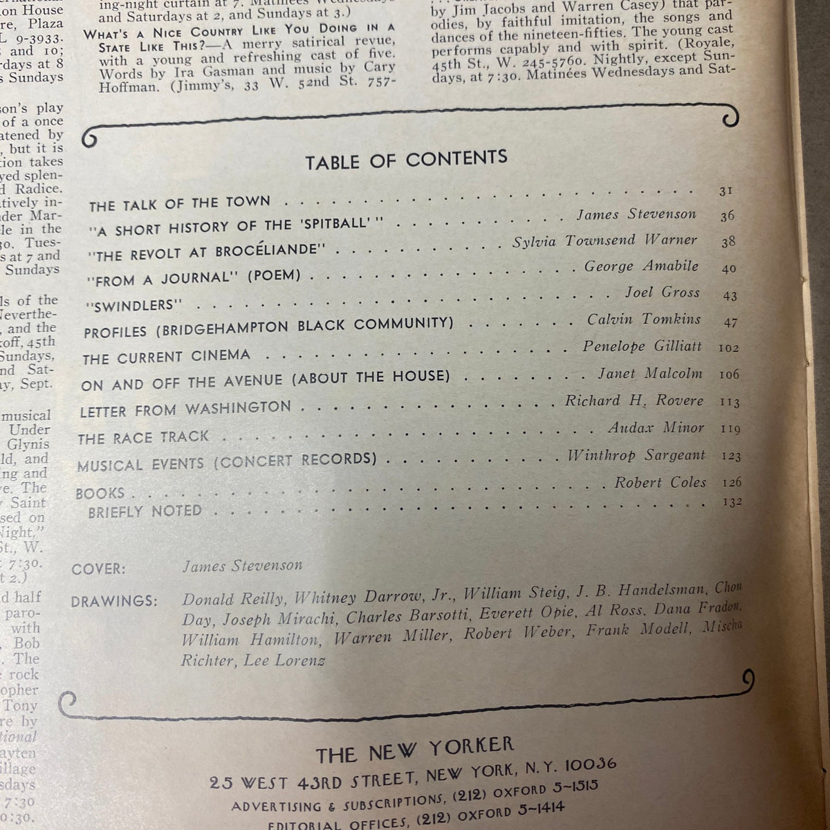 Table of Contents page from The New Yorker Full Magazine September 10, 1973. It lists various articles and contributors, including Joseph Mirachi, Calvin Tomkins, and James Stevenson, highlighting the magazine's literary offerings.