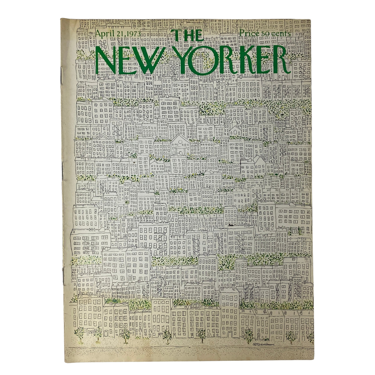Cover of The New Yorker magazine from April 21, 1973, featuring artwork by Raymond Davidson, depicting a cityscape. The title 'The New Yorker' is prominently displayed at the top.