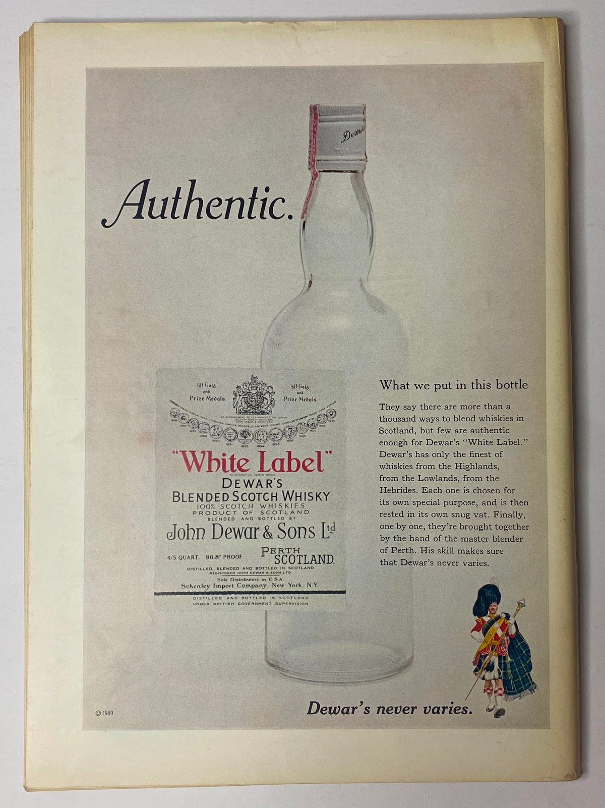 Advertisement for Dewar's White Label Blended Scotch Whisky in The New Yorker Full Magazine April 21, 1973, showcasing a bottle and a decorative doll.