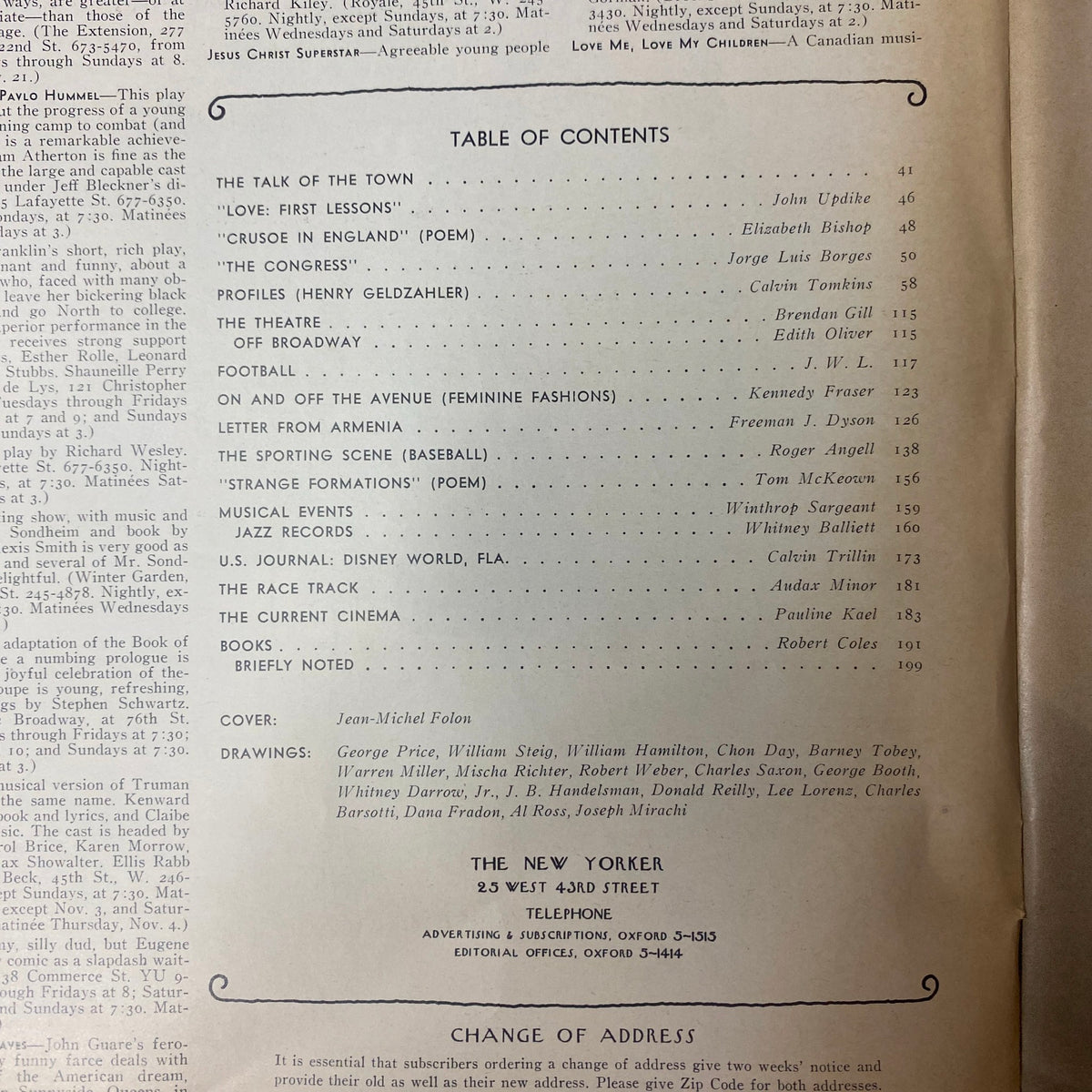 Table of Contents from The New Yorker Full Magazine November 6, 1971, detailing featured articles, poems, and illustrations present in this issue.