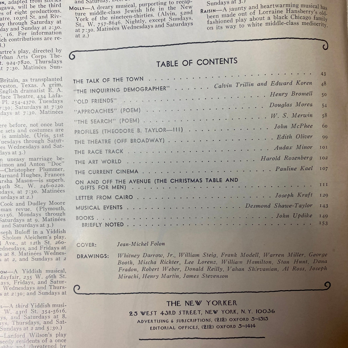 Table of Contents from The New Yorker magazine, December 17, 1973, listing contributors and featured articles including essays and poetry.