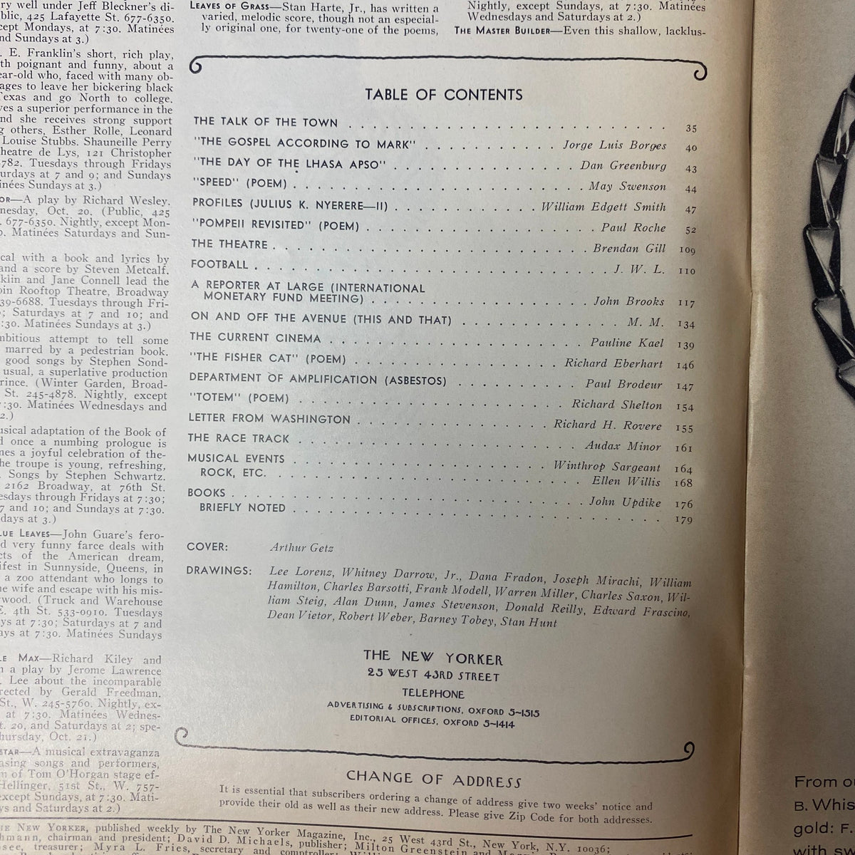 Table of Contents from The New Yorker Full Magazine – October 23, 1971, listing articles by noted authors including Jorge Luis Borges and John Updike, along with details about illustrations and contributors.