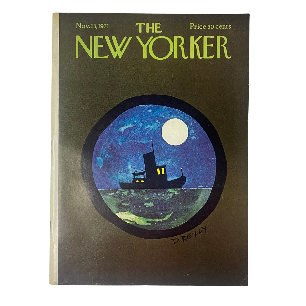 Cover of The New Yorker Full Magazine November 13, 1971 featuring an illustration by Donald Reilly, depicting a boat under a full moon.