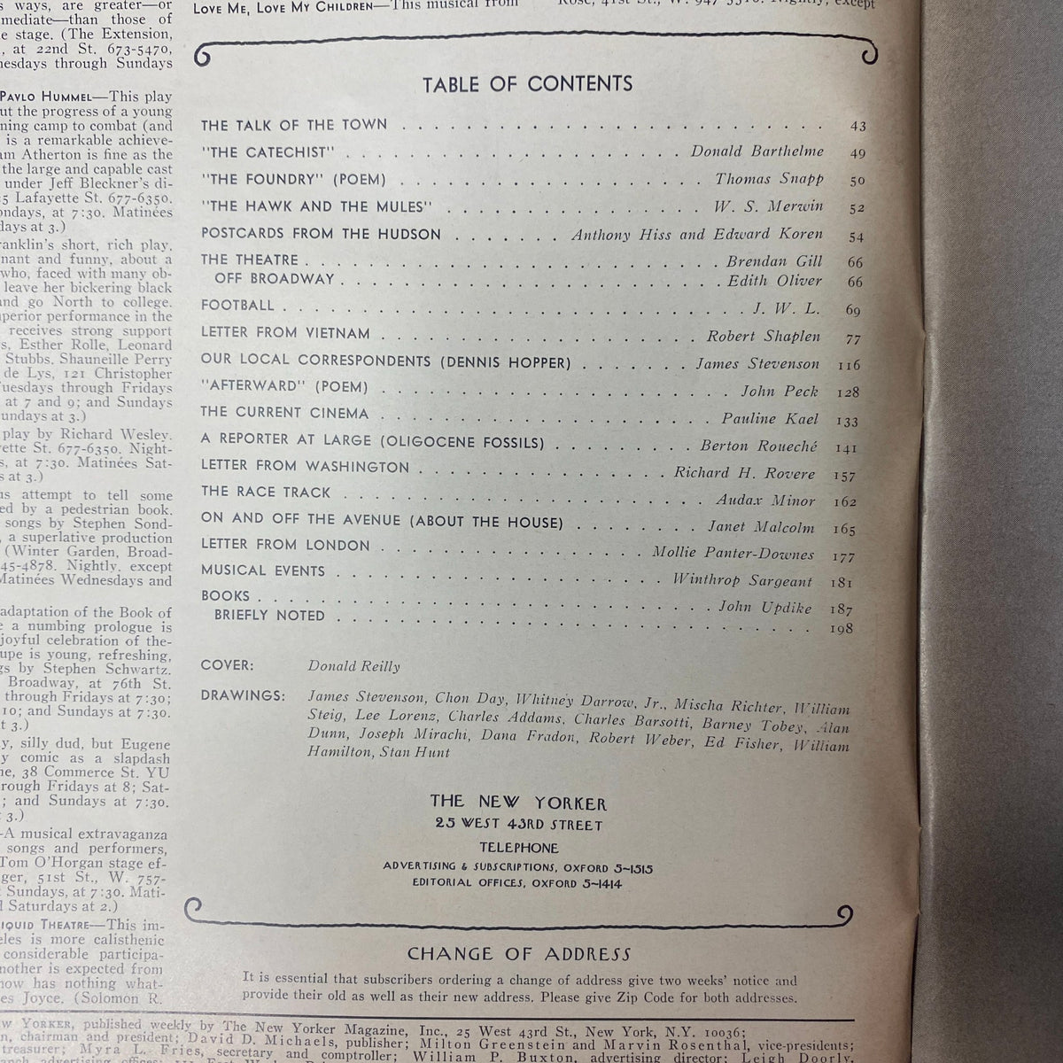 Table of contents page from The New Yorker Full Magazine November 13, 1971 detailing articles and contributors including Donald Barthelme and John Updike.