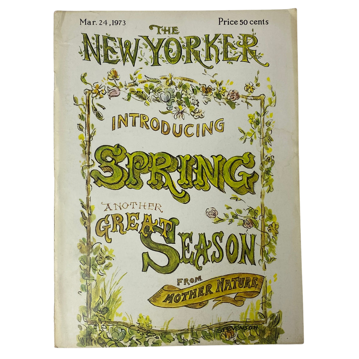 Cover of The New Yorker Full Magazine March 24, 1973, featuring the title 'Introducing Spring' with floral illustrations by James Stevenson.