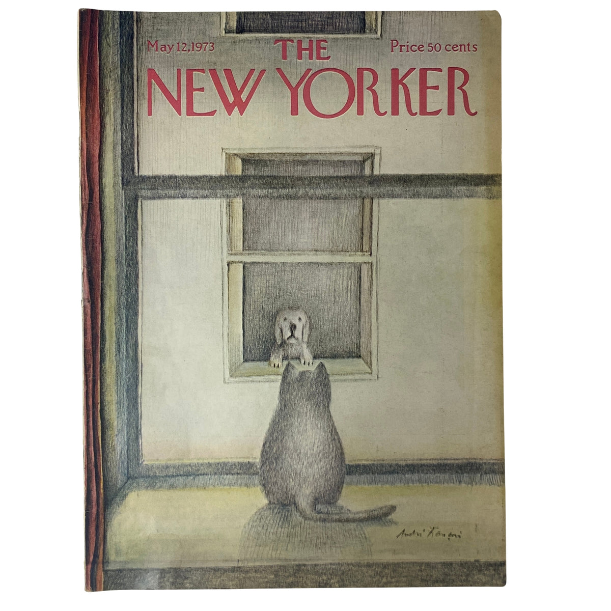 Cover of The New Yorker magazine from May 12, 1973 featuring André François’s illustration of an animal looking out a window, highlighting the whimsical style of the artist.
