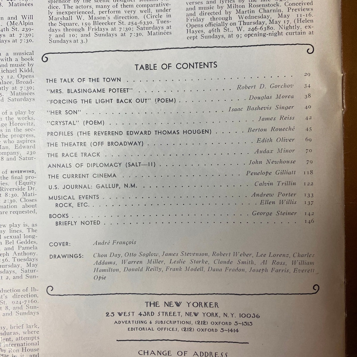 Table of contents page from The New Yorker magazine, May 12, 1973, listing articles and illustrations, including contributions from Isaac Bashevis Singer and Berton Roueché.