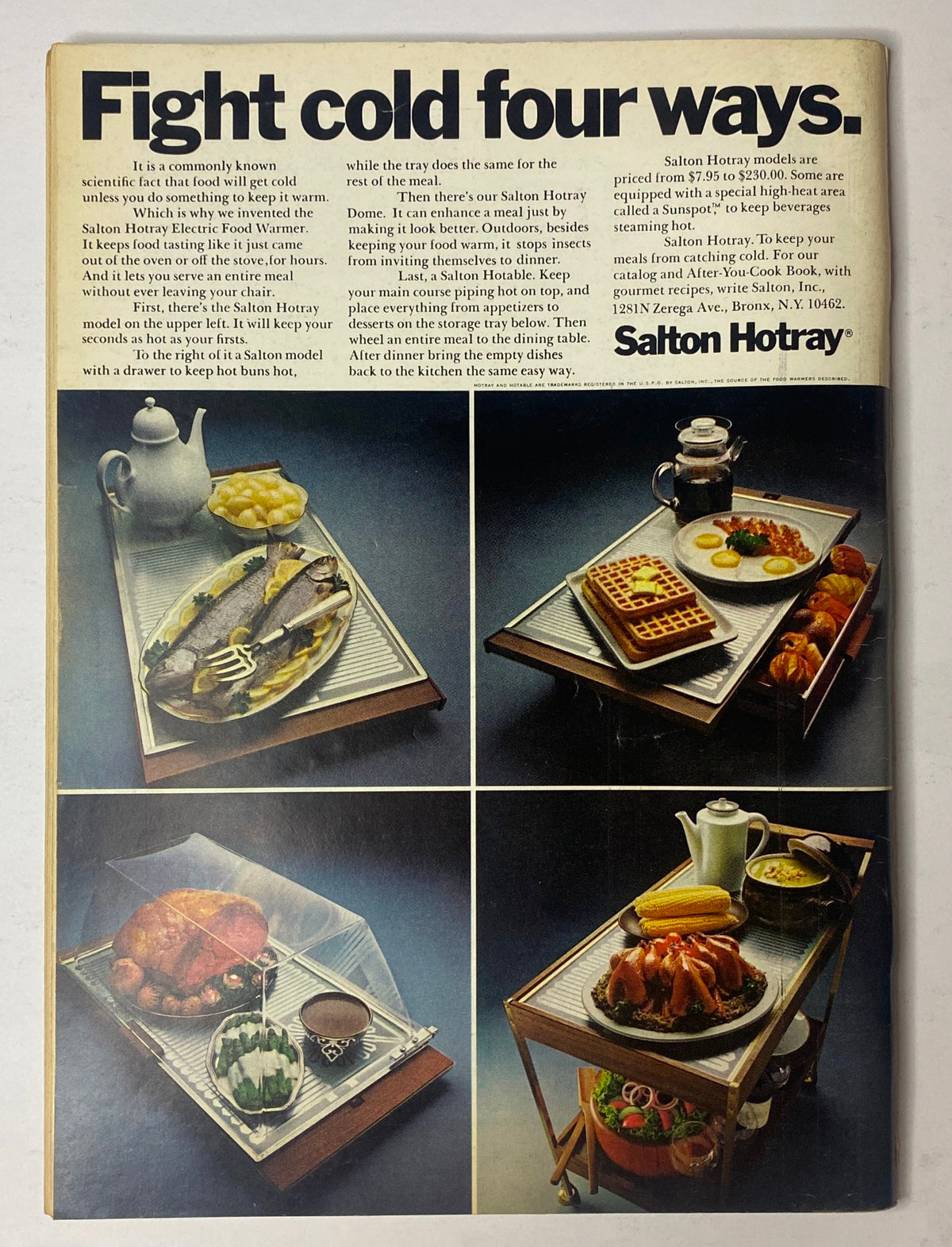 Advertisement for Salton Hotray, showcasing a variety of food items on a serving tray, promoting the convenience of their kitchen products.