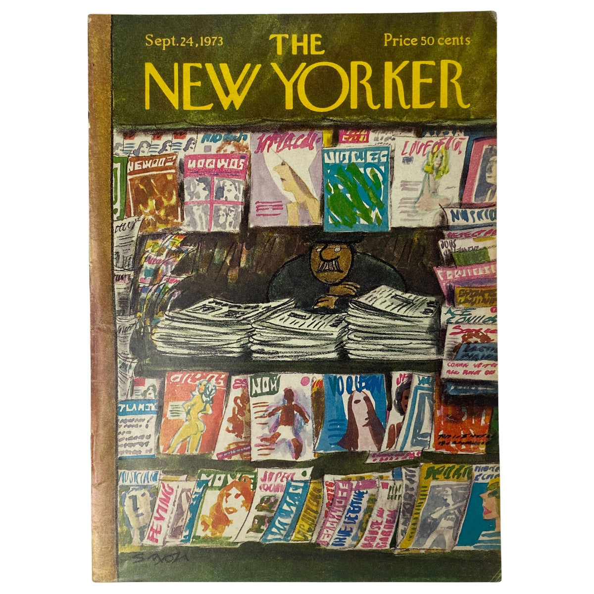 The New Yorker Full Magazine September 24, 1973 cover illustration by Charles Saxon, featuring a vibrant depiction of a newsstand with various magazine covers, in very good condition.