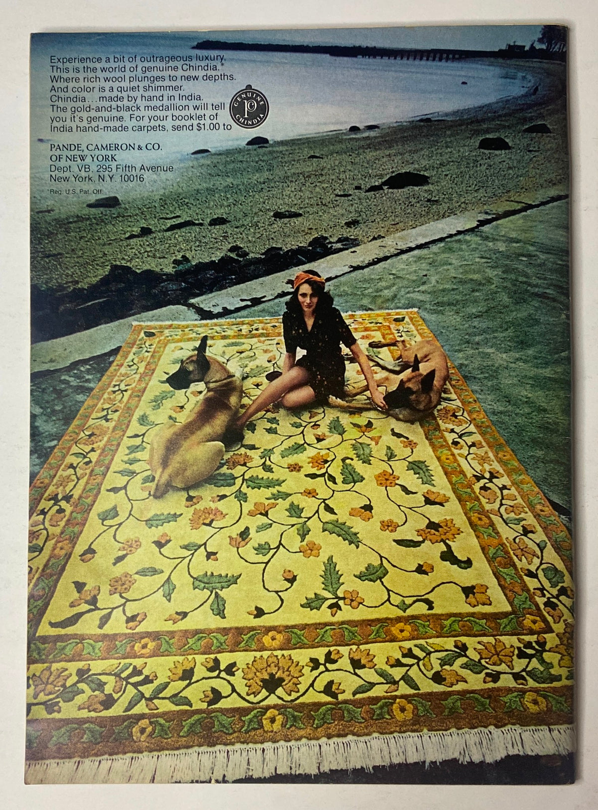 Advertisement from The New Yorker Full Magazine September 24, 1973, showcasing luxury products and featuring a model on a decorative rug, original magazine in very good condition.