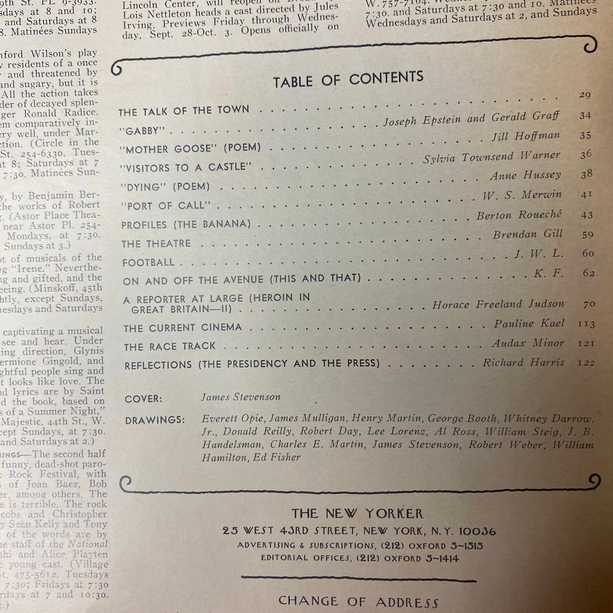 The New Yorker Full Magazine October 1, 1973 table of contents page, listing features including fiction, poetry, and cultural commentary by various notable writers.