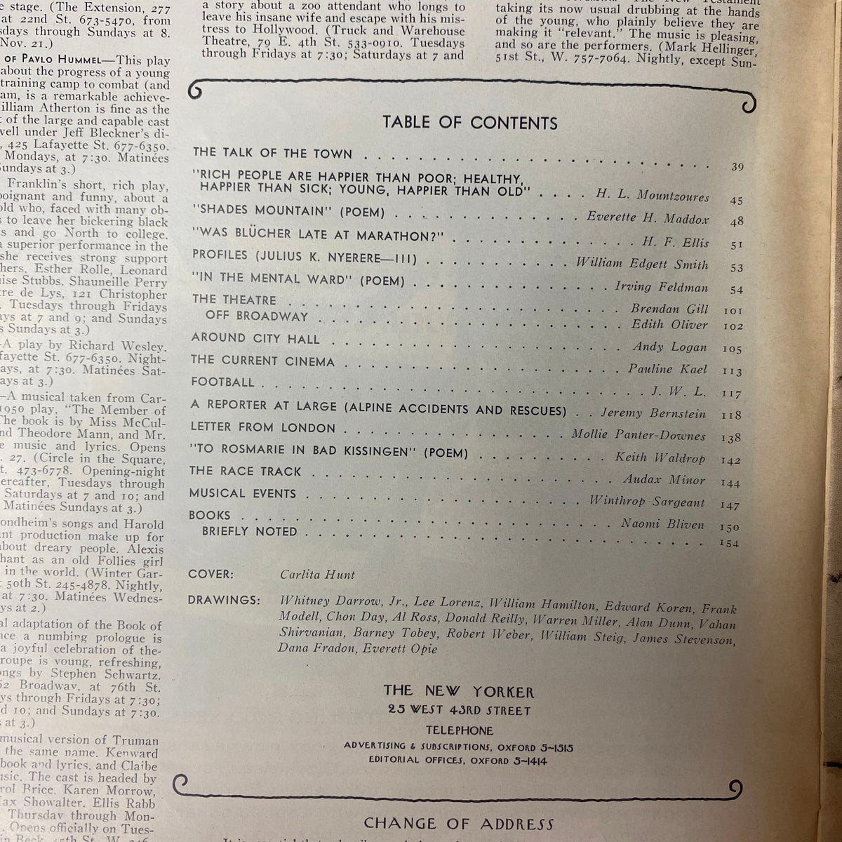 Table of contents for The New Yorker Full Magazine October 30, 1971, detailing featured articles, poems, and writers including H. L. Mountzoures and Pauline Kael.