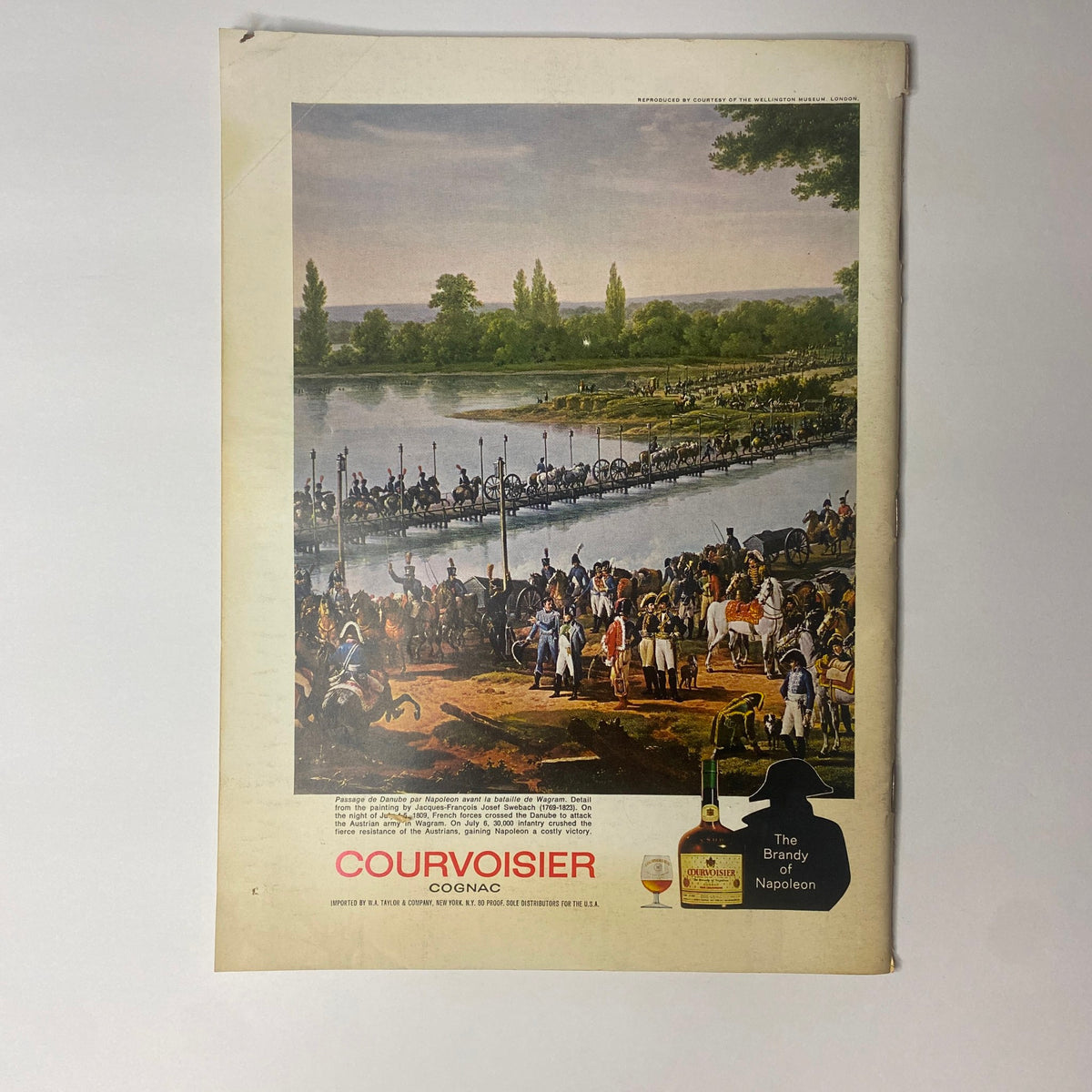 Ad for Courvoisier Cognac featuring a historical scene, part of The New Yorker Full Magazine December 28, 1968 with an André François cover design, showcasing vintage illustration style typical of the period.