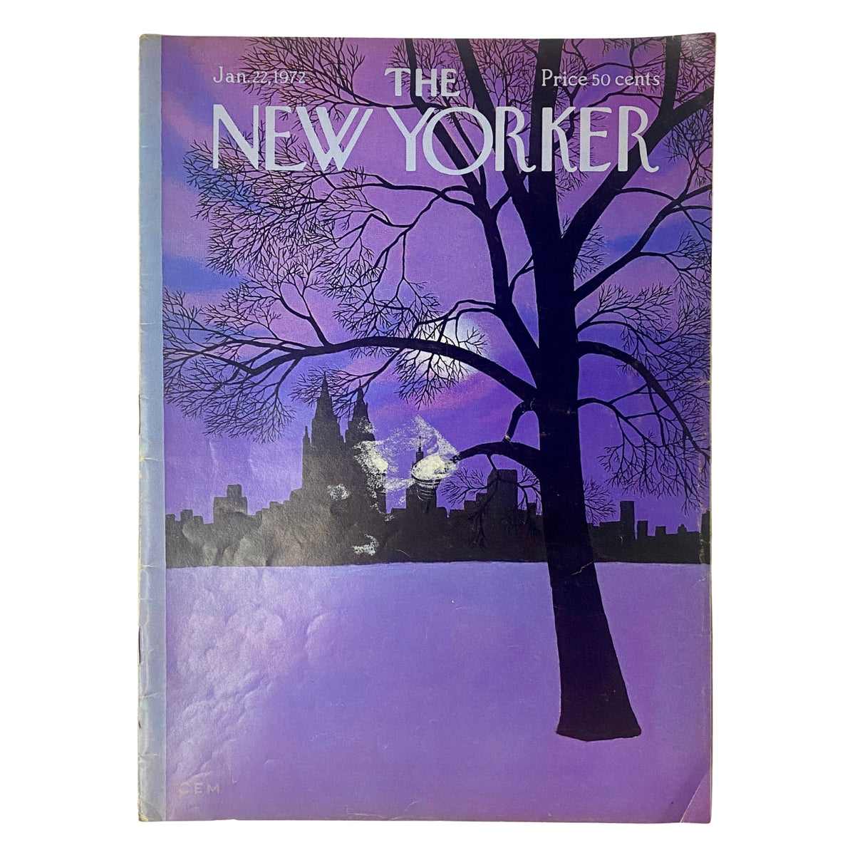 Cover of The New Yorker Full Magazine January 22, 1972 featuring a minimalist illustration by Charles E. Martin, depicting a winter scene with silhouettes of trees and buildings against a purple sky.