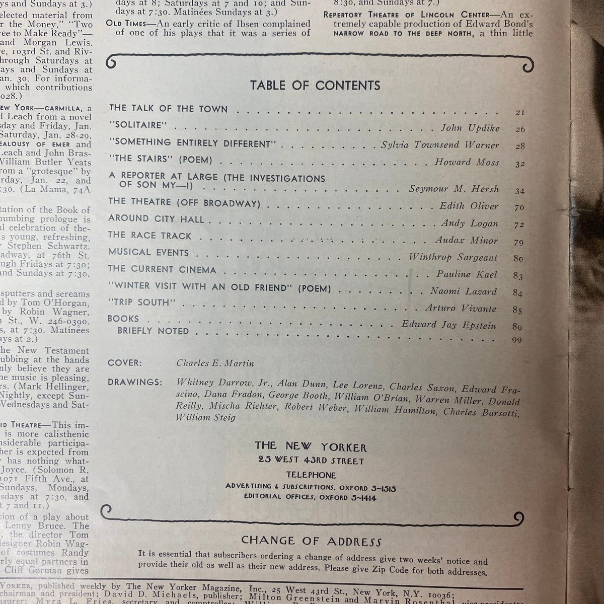 Table of contents from The New Yorker magazine dated January 22, 1972 featuring articles by John Updike, Seymour M. Hersh, and others, with the cover illustration by Charles E. Martin.