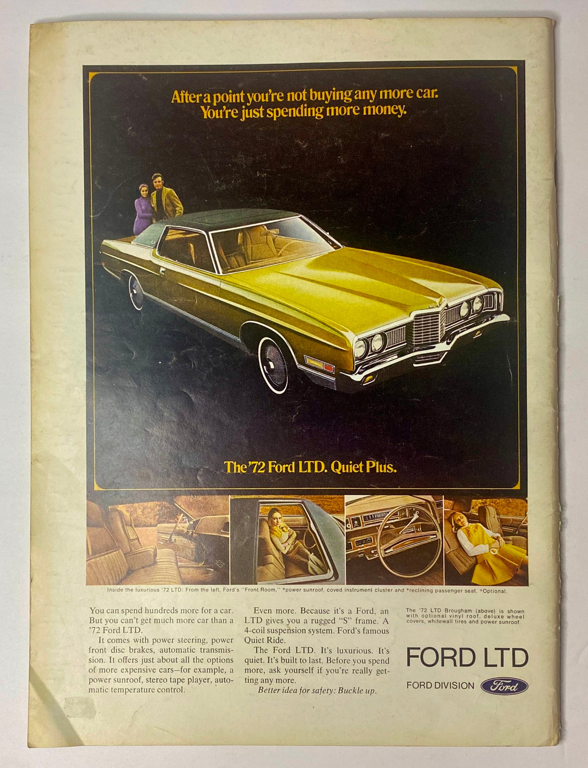 Back cover advertisement for the Ford LTD from The New Yorker magazine dated January 22, 1972, promoting the vehicle with a classic design and a quiet driving experience.