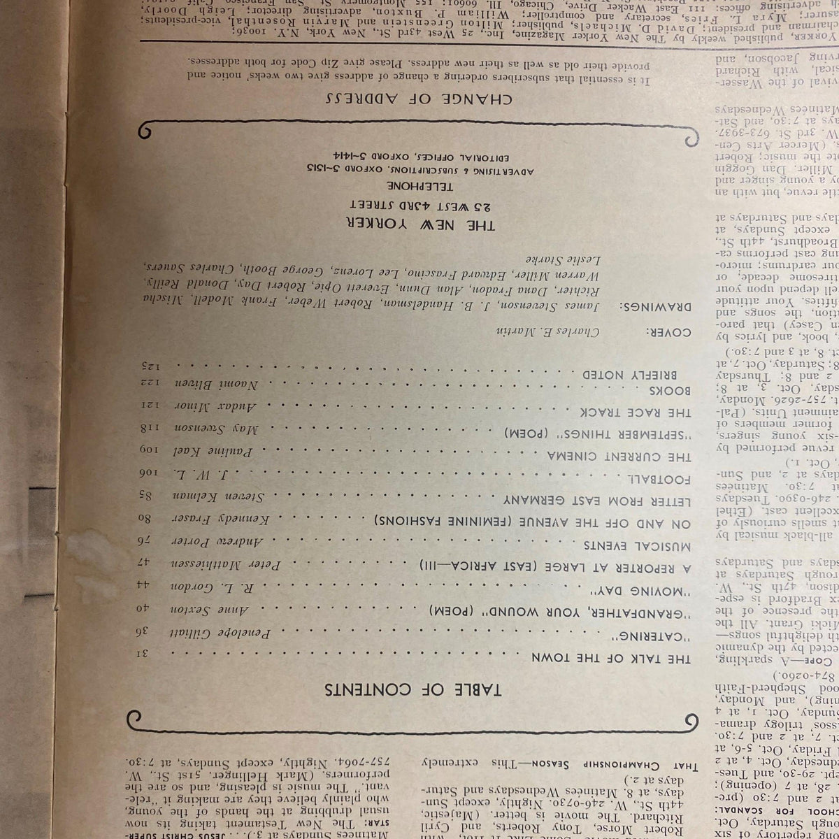 Inside page of The New Yorker Full Magazine September 30, 1972 displaying the table of contents, detailing articles and contributions from various prominent writers.