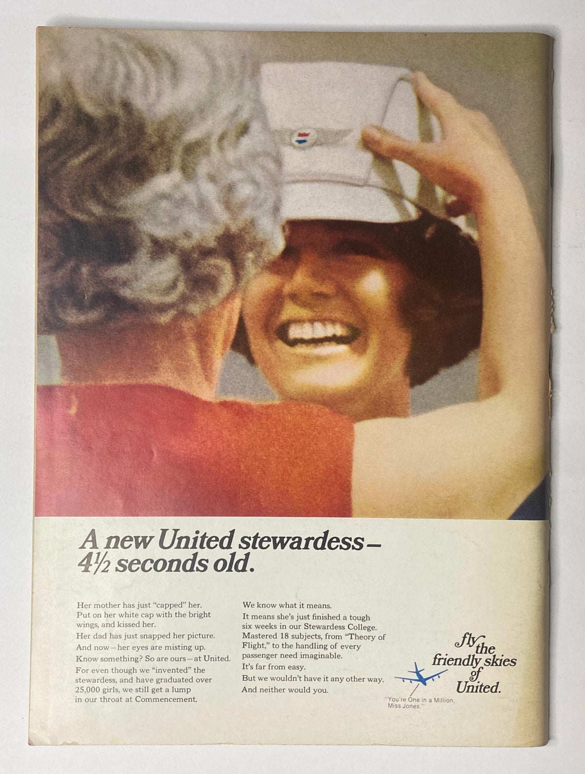 A promotional advertisement featuring a smiling United Airlines stewardess, with the text 'A new United stewardess – 4½ seconds old' accompanied by a retro style design. This image relates to 'The New Yorker Full Magazine October 31, 1970 William Steig Cover' showcasing vintage airline branding.