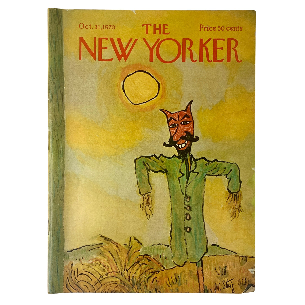 Cover of The New Yorker Full Magazine February 28, 1970 featuring a whimsical illustration by James Stevenson with a scarecrow-like figure against a sunny backdrop.
