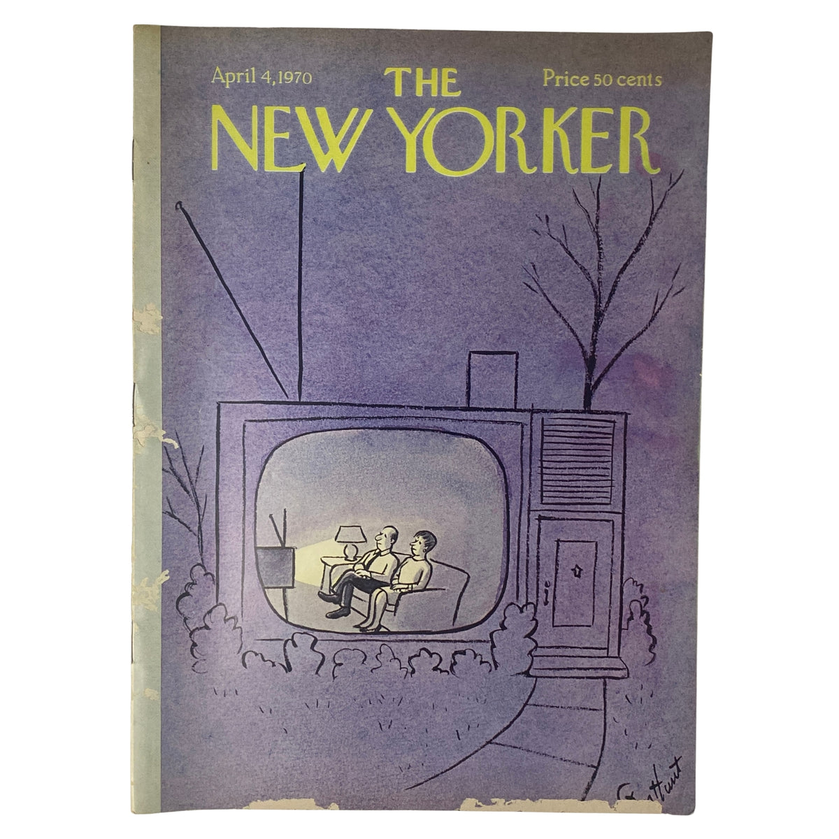 Cover of The New Yorker Full Magazine April 4, 1970 featuring a whimsical illustration by Stan Hunt, depicting two individuals seated in a living room while watching a television, showcasing the magazine’s artistic style.
