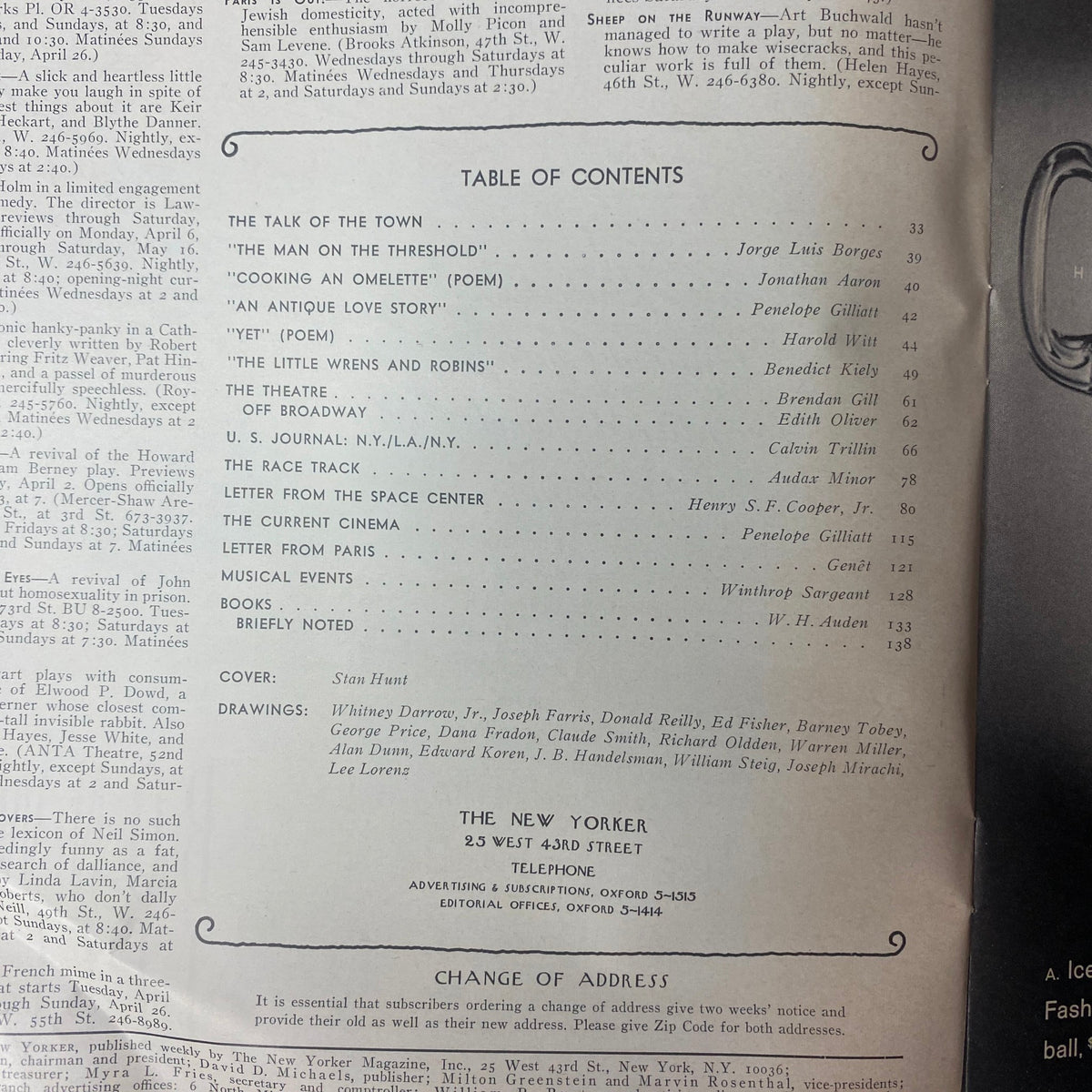Table of contents page from The New Yorker Full Magazine April 4, 1970, listing featured articles including 'The Man on the Threshold' by Jorge Luis Borges and 'An Antique Love Story' by Penelope Gilliatt, reflecting the literary depth of the issue.