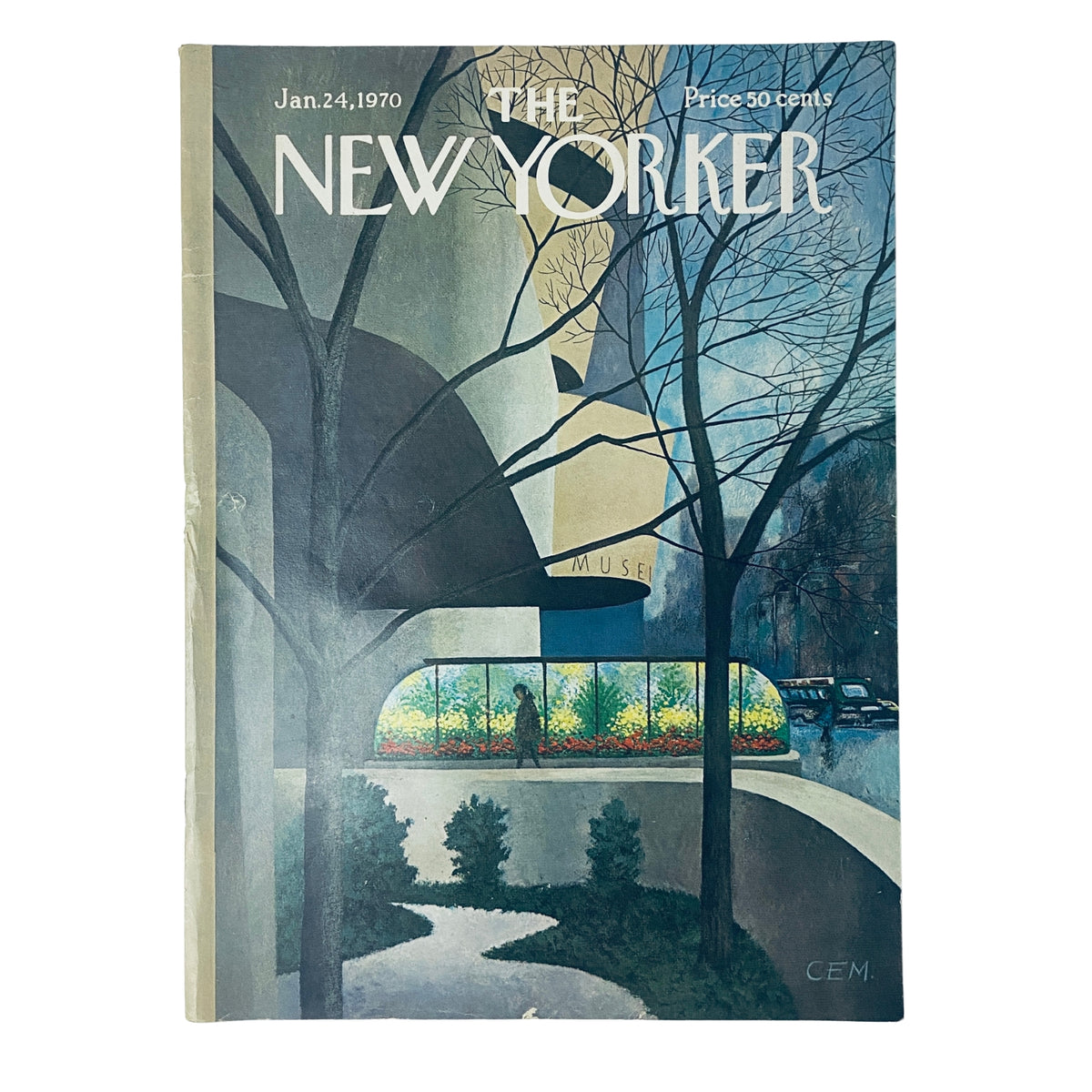 Cover of The New Yorker magazine from January 24, 1970, featuring a unique illustration by Charles E. Martin, showcasing a stylized urban landscape with trees and a museum, highlighting the magazine's artistic and cultural themes.