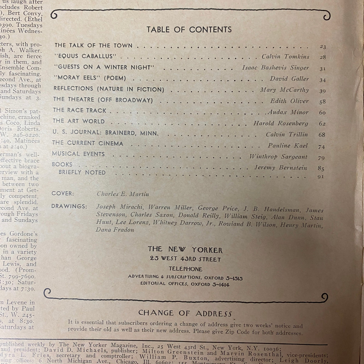 Table of contents from The New Yorker Full Magazine, January 24, 1970, featuring an overview of articles including 'Equus Caballus' by Calvin Tomkins, and 'Guests on a Winter Night' by Isaac Bashevis Singer.