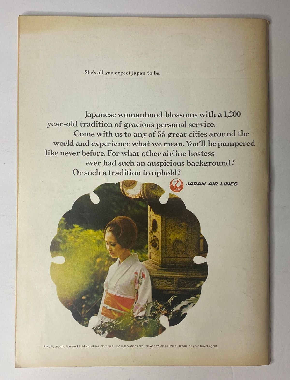 Advertisement for Japan Air Lines from The New Yorker Full Magazine, January 24, 1970, showcasing the tradition of Japanese womanhood and luxurious travel service.