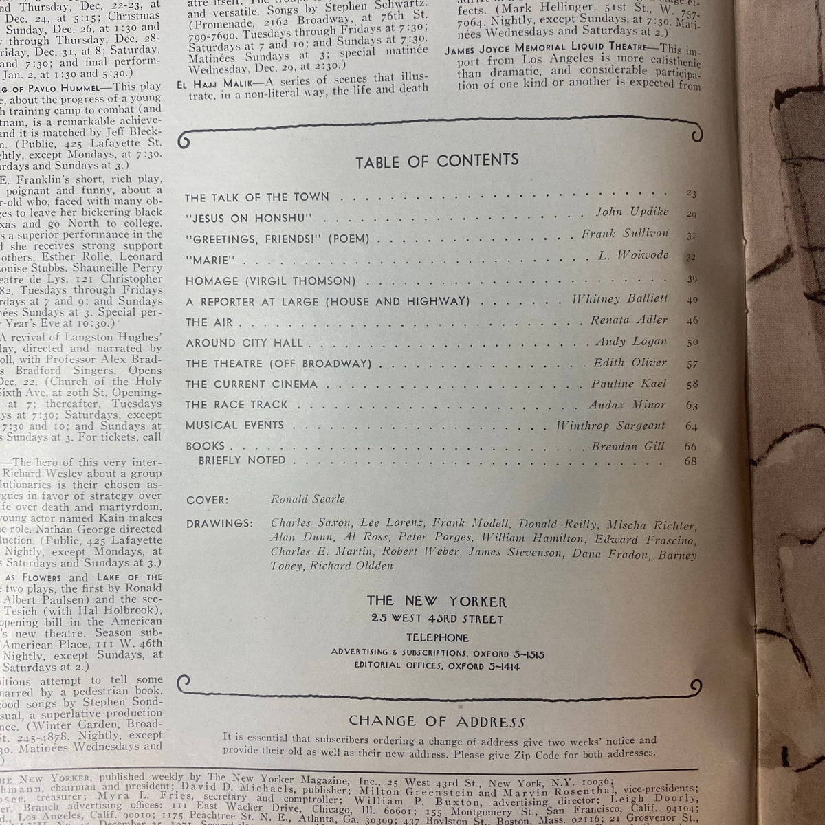 Table of contents from The New Yorker magazine December 25, 1971, listing featured articles and contributors including John Updike and Pauline Kael.