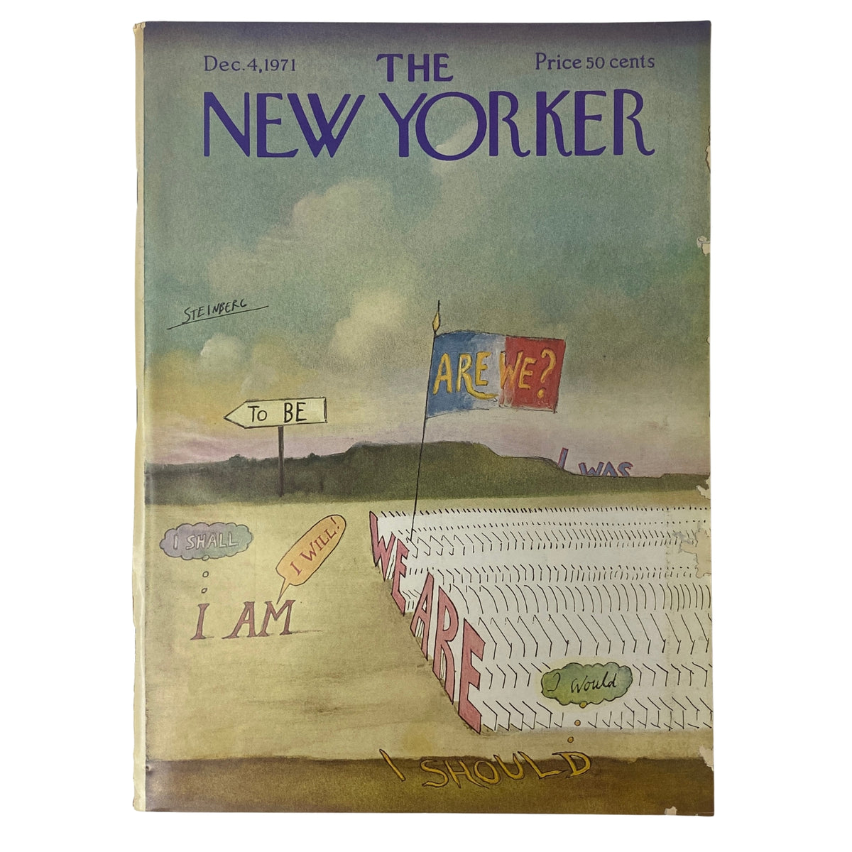 Cover of The New Yorker Full Magazine December 4, 1971 featuring artwork by Saul Steinberg. The cover depicts whimsical signs and landscape with a banner asking 'ARE WE?'. This collectible issue is in good condition.