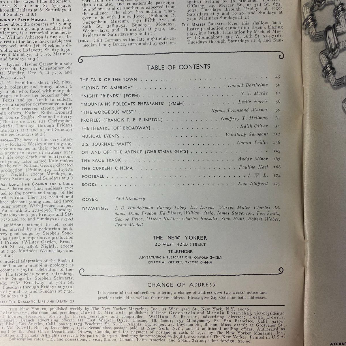 Table of contents from The New Yorker Full Magazine December 4, 1971, showcasing articles and illustrations. Notable features include 'The Talk of the Town' and various literary contributions.