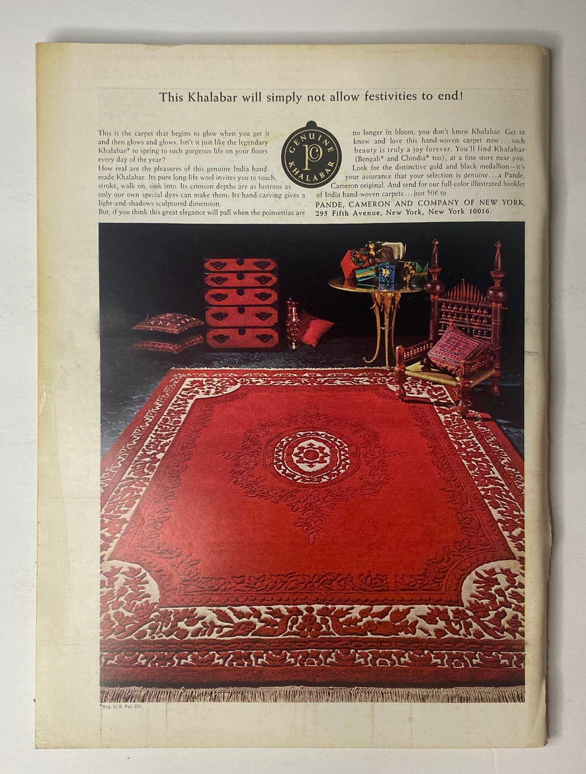 Back cover advertisement of The New Yorker Full Magazine December 4, 1971, featuring a vibrant red Khalabar rug with decorative elements, highlighting home decor.
