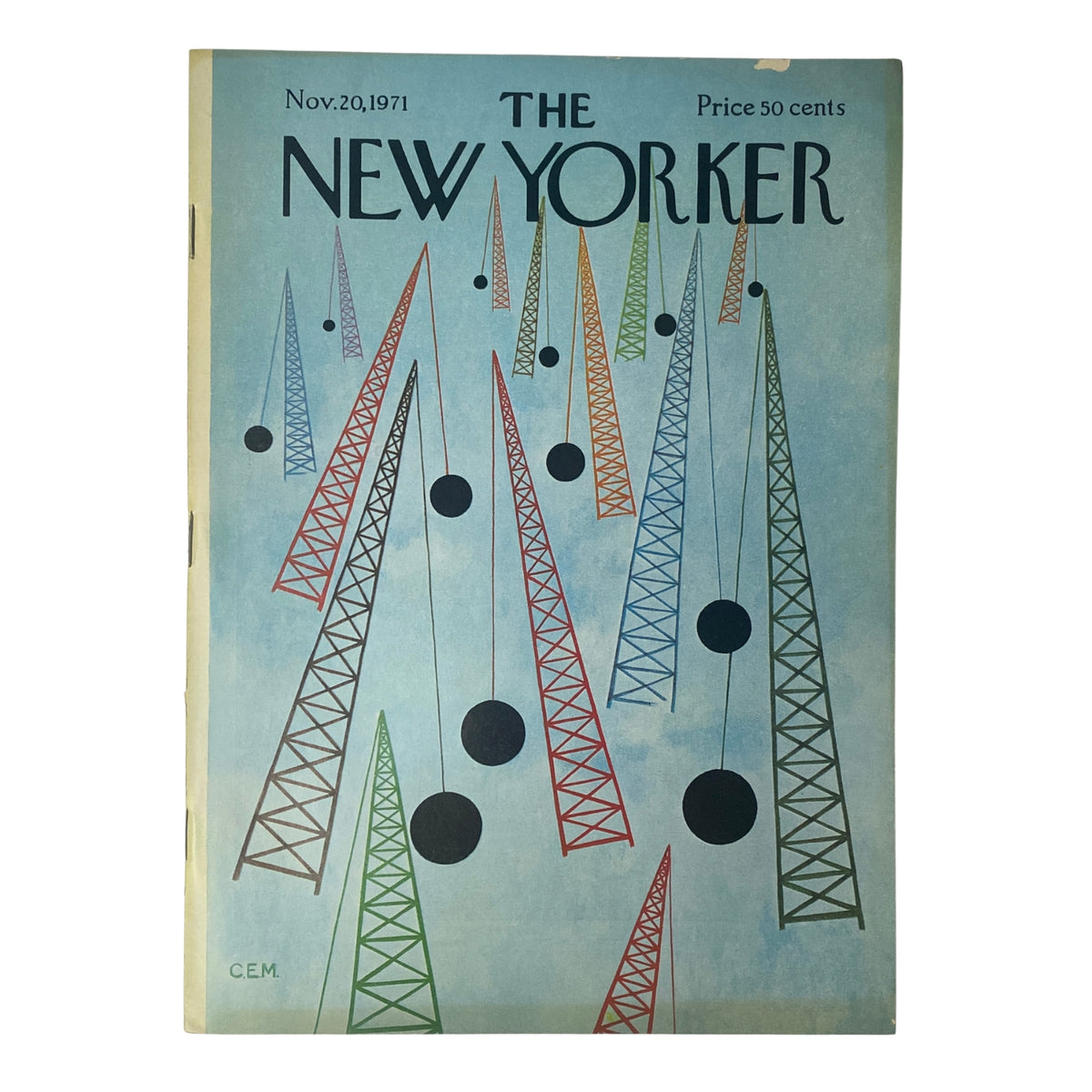 Cover of The New Yorker magazine, November 20, 1971, featuring a colorful design with tall geometric shapes and circles, by Charles E. Martin. This issue is notable for its artistic representation of urban life and cultural themes.