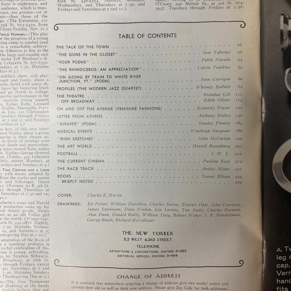 Table of Contents from The New Yorker Full Magazine November 20, 1971 featuring articles by notable writers including Pablo Neruda and Pauline Kael.