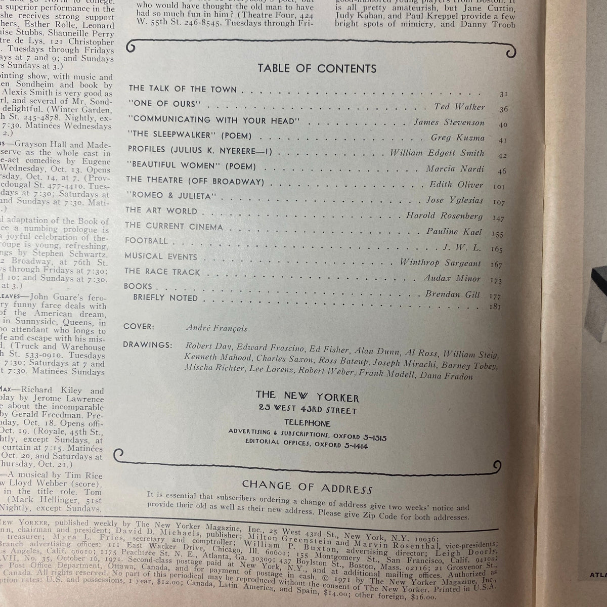 Contents page of The New Yorker Full Magazine October 16, 1971 detailing articles and contributions, including works by Ted Walker, James Stevenson, and William Edgett Smith.