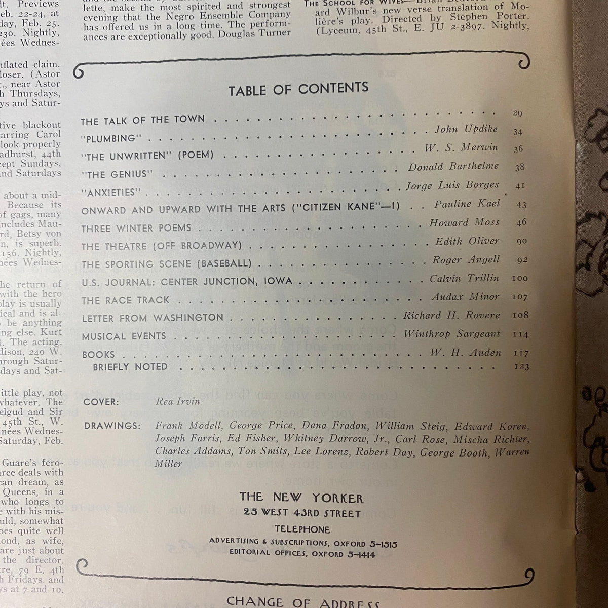 Table of Contents page from The New Yorker magazine, February 20, 1971, featuring contributions by John Updike, W. S. Merwin, Jorge Luis Borges, and more, with a cover illustration by Rea Irvin.