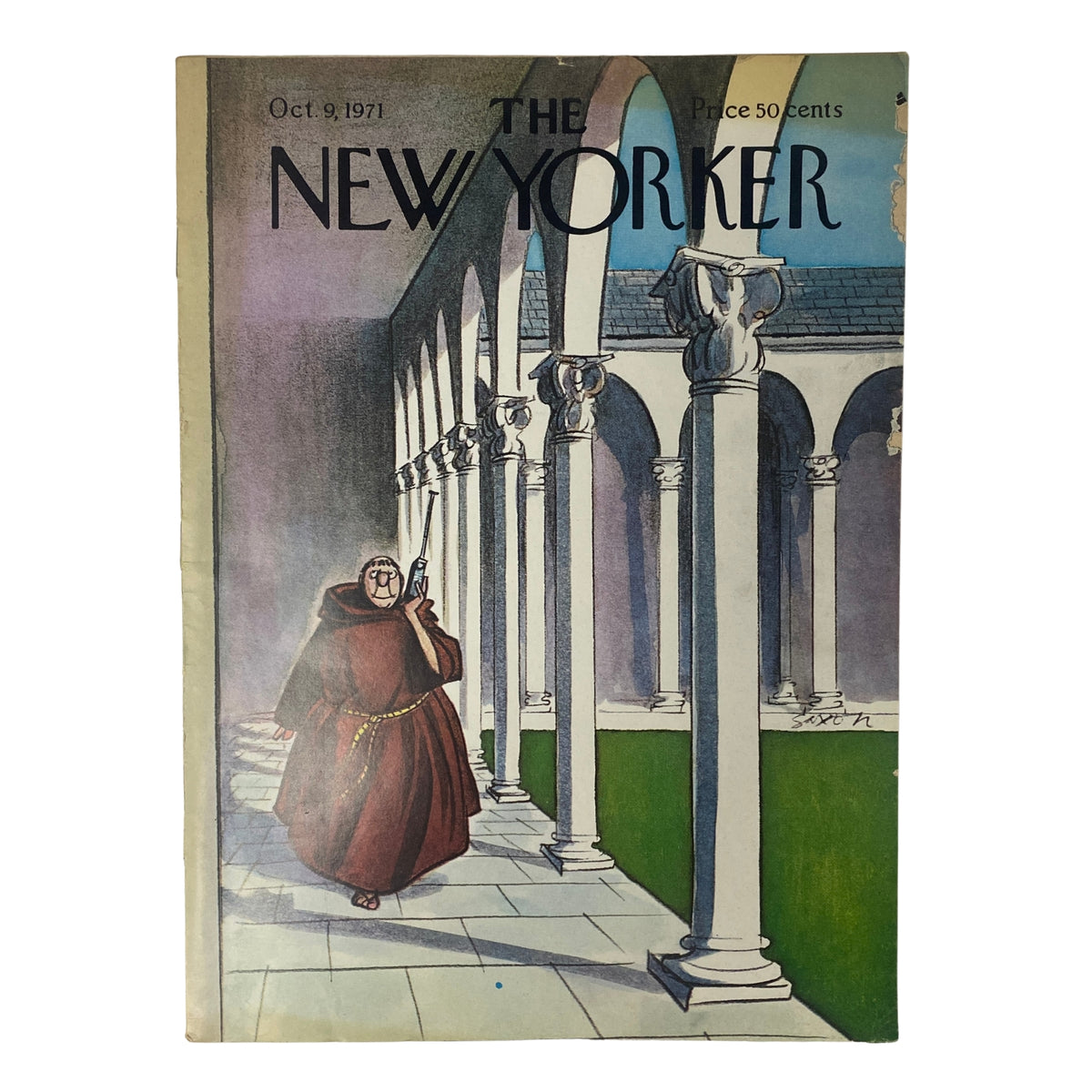The New Yorker Full Magazine October 9, 1971 Charles Saxon Cover features an illustration of a robed figure walking through a colonnade, exemplifying mid-century urban life.