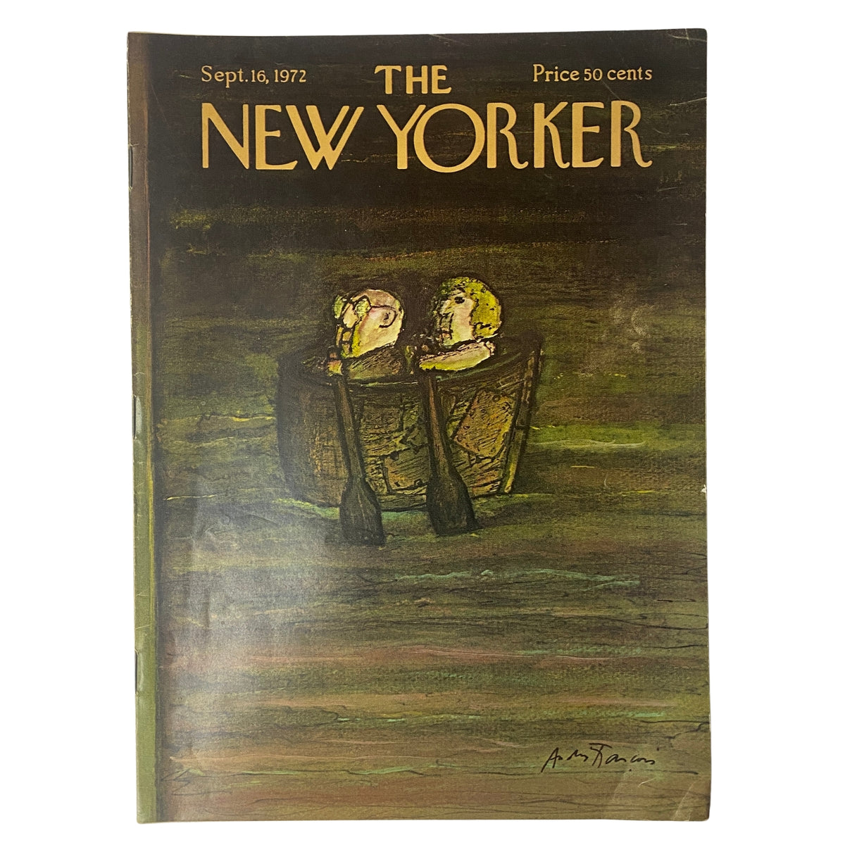 The New Yorker Full Magazine September 16, 1972 featuring André François cover illustration, depicting two figures in a boat against a textured background, priced at 50 cents.