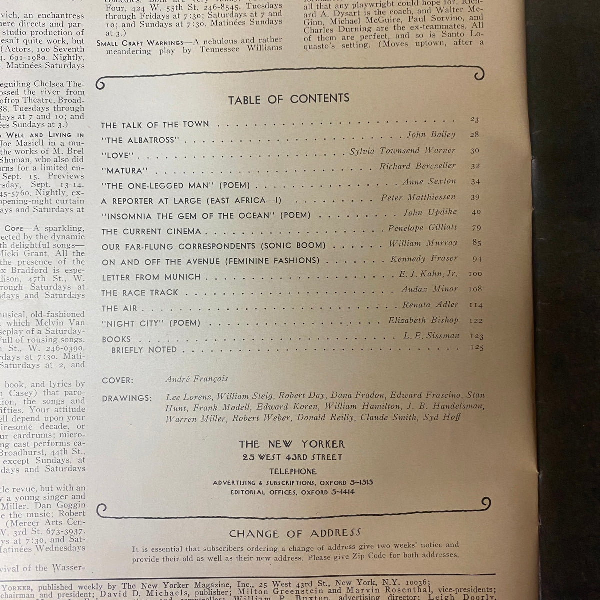 Table of Contents from The New Yorker Full Magazine September 16, 1972, listing featured articles and poems, including works by John Bailey and Sylvia Townsend Warner.