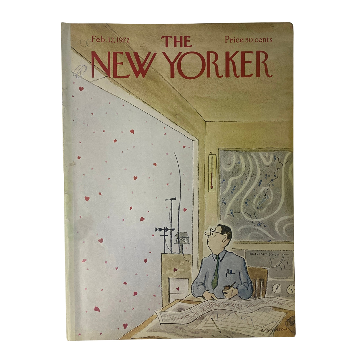 Cover of The New Yorker magazine from February 12, 1972, featuring a whimsical illustration by James Stevenson, depicting a man looking out of a window with hearts floating in the air.