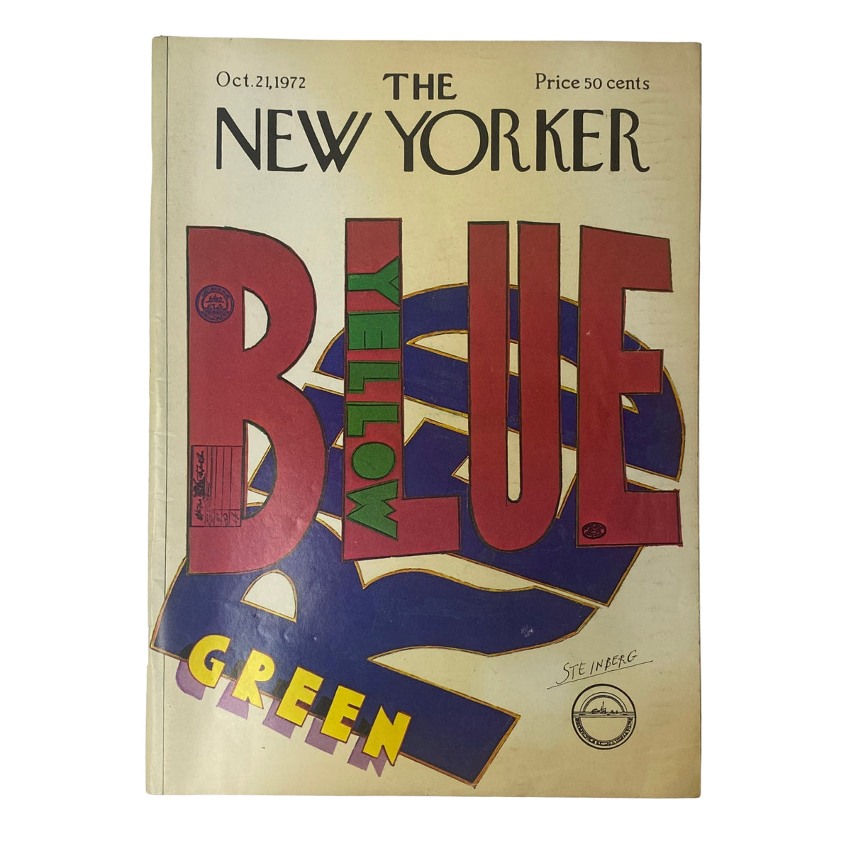 The New Yorker Full Magazine from October 21, 1972 featuring a colorful Saul Steinberg cover showcasing bold typography with the words 'BLUE', 'YELLOW', and 'GREEN'.