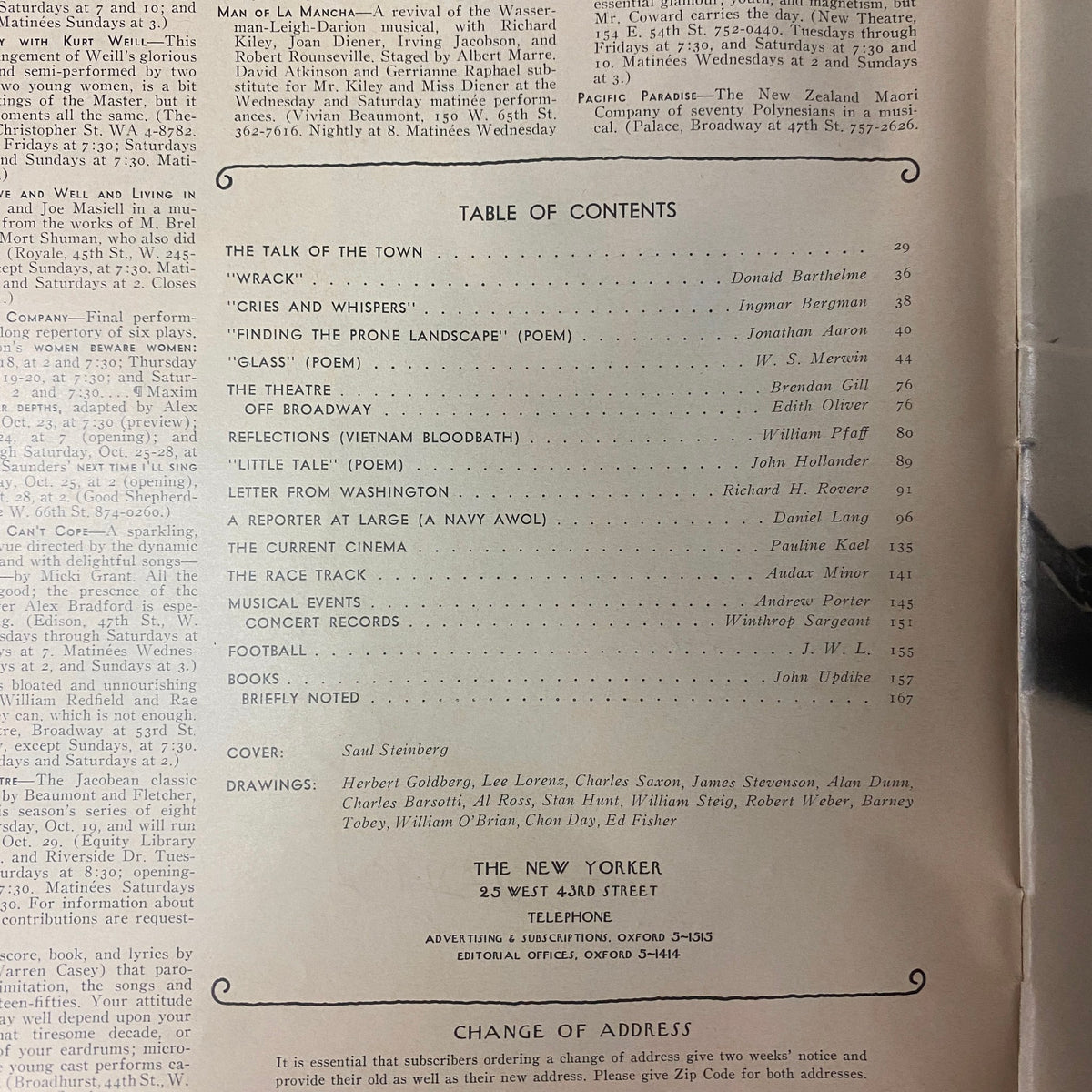 Table of Contents from The New Yorker Full Magazine October 21, 1972 Saul Steinberg Cover, featuring notable works by Donald Barthelme, Ingmar Bergman, and John Updike.