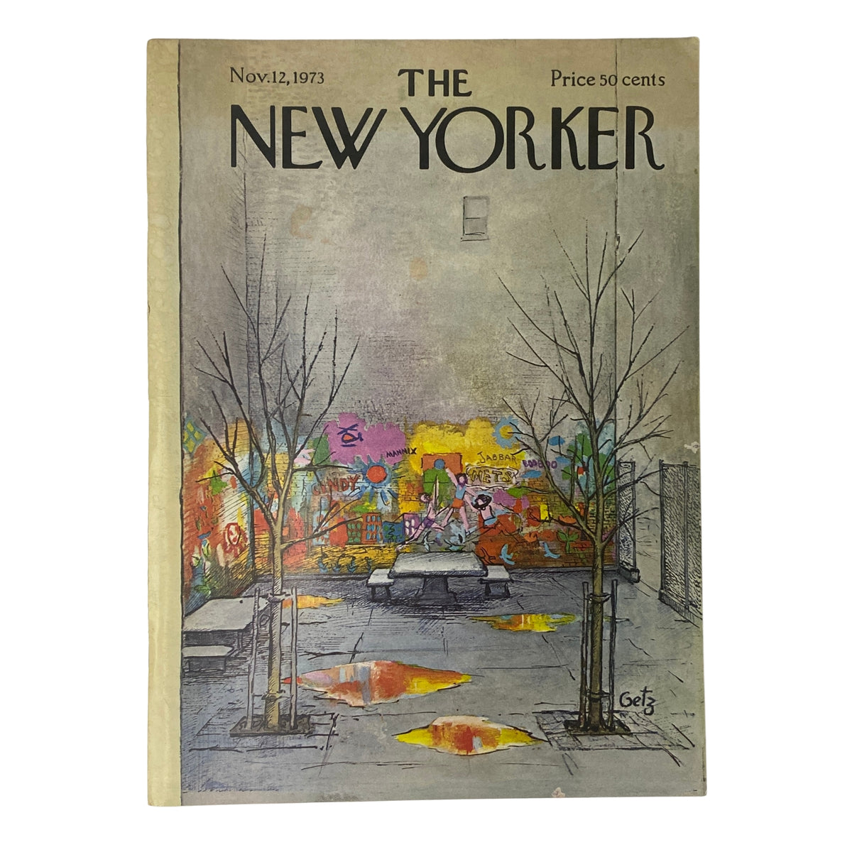The New Yorker Full Magazine November 12, 1973 featuring an artistic cover by Arthur Getz, depicting a vibrant city scene with colorful murals and bare trees.