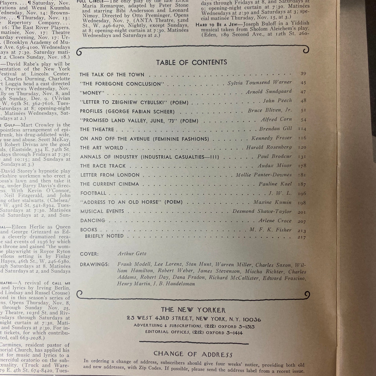 Table of Contents for The New Yorker Full Magazine November 12, 1973, listing prominent articles and authors contributing to this vintage issue.