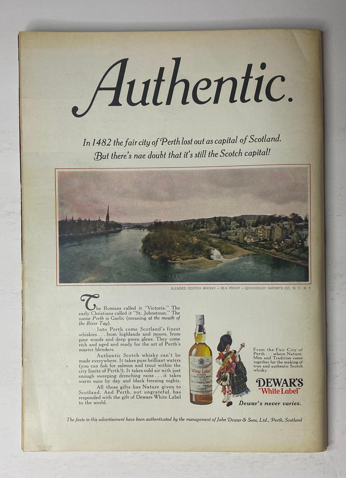 Back cover advertisement of The New Yorker Full Magazine November 12, 1973, promoting Dewar's White Label whisky with a scenic view of Perth, Scotland.